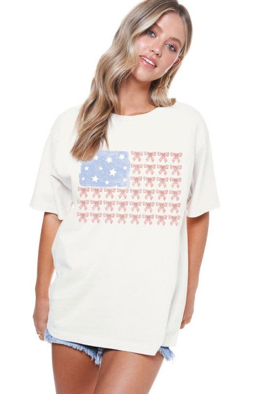 Coquette Bow American Flag Graphic Tee - Ivory