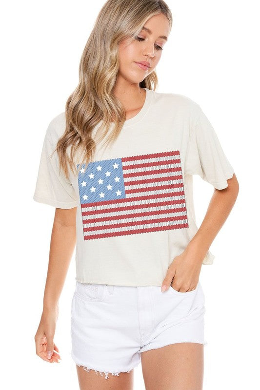 Puff American Flag Crop Graphic Tee - Bone