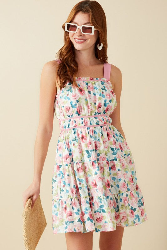 Sleeveless Floral Piping Detail Square Neck Dress-Pink