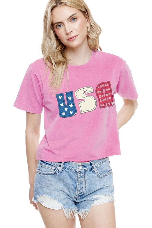 USA Mineral Washed Crop Graphic Tee - Pink