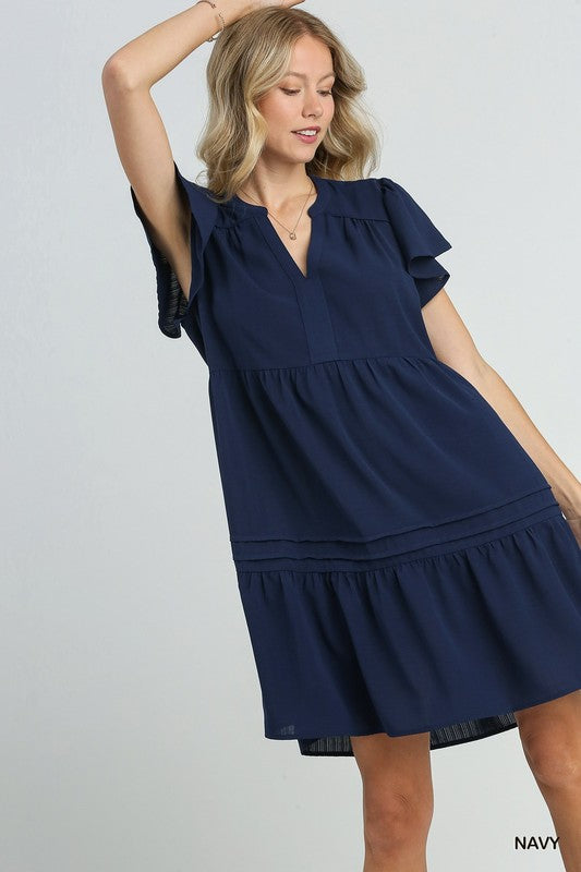 Solid Split Neck Flutter Sleeve Pintuck Hem Dress