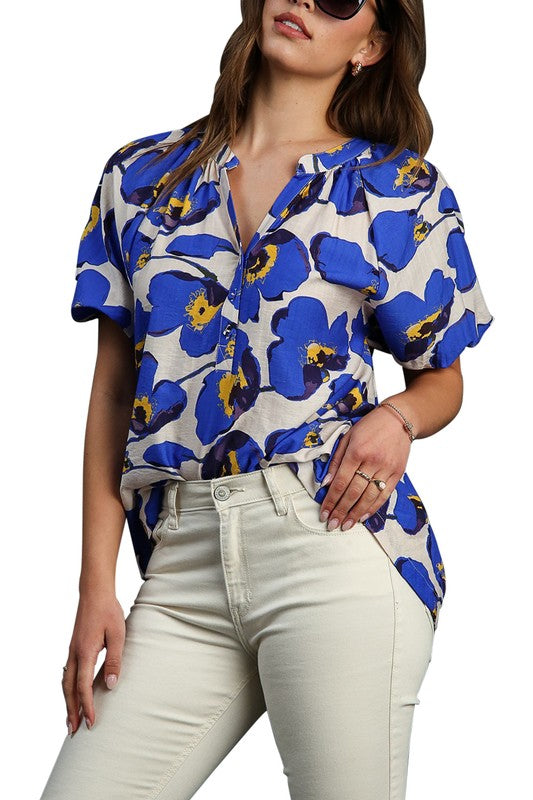 Floral Split Neck Puff Sleeve Top - Blue