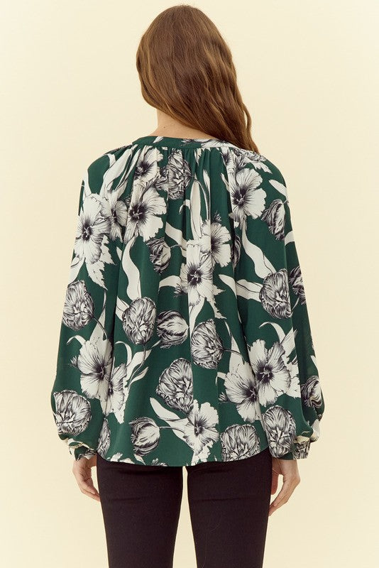 Flower Print Long Peasant Sleeve V-Neck Top - Green