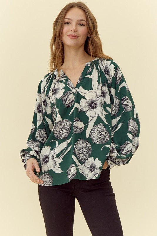 Flower Print Long Peasant Sleeve V-Neck Top - Green