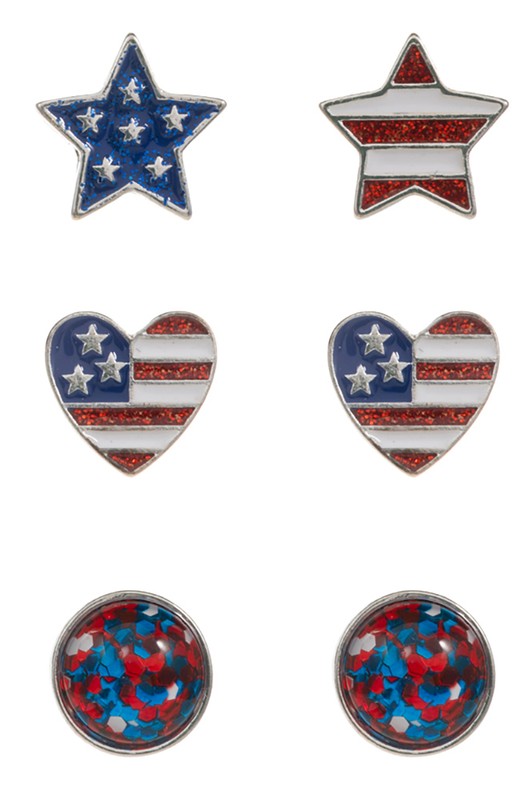 USA Star Flag Heart Glitter Round Stud Set