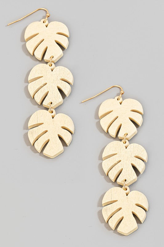 Wood Triple Drop Monstera Earring