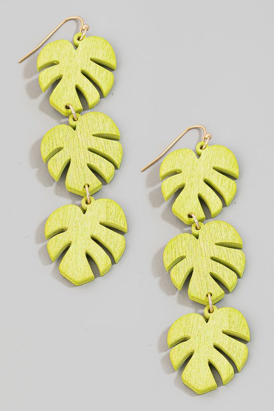 Wood Triple Drop Monstera Earring