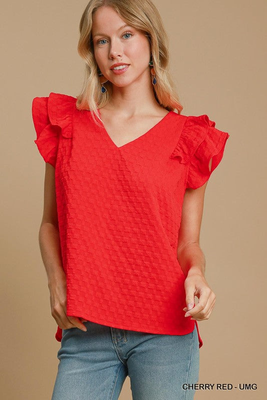 Solid V-Neck Textured Double Ruffle Sleeve Top
