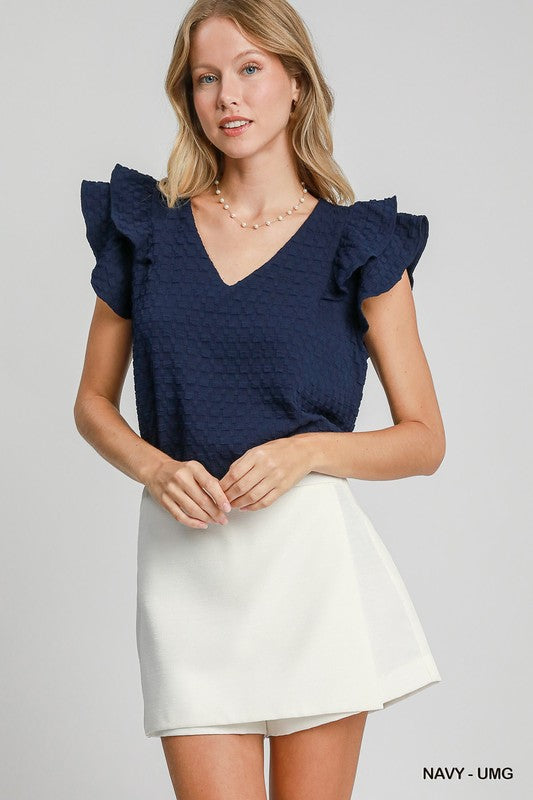 Solid V-Neck Textured Double Ruffle Sleeve Top
