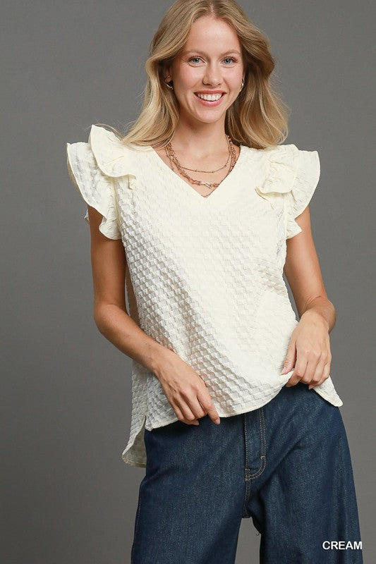 Solid V-Neck Textured Double Ruffle Sleeve Top