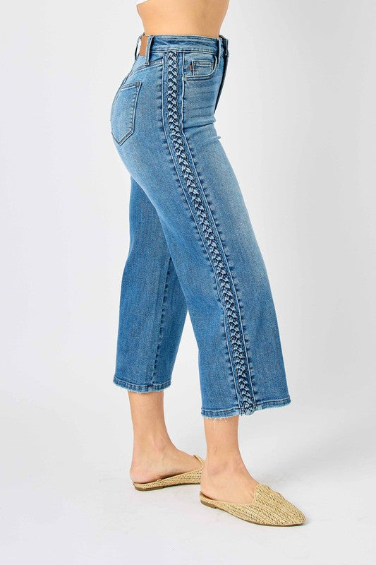 High Waist Side Braid Detail Crop Wide Leg Denim - Medium