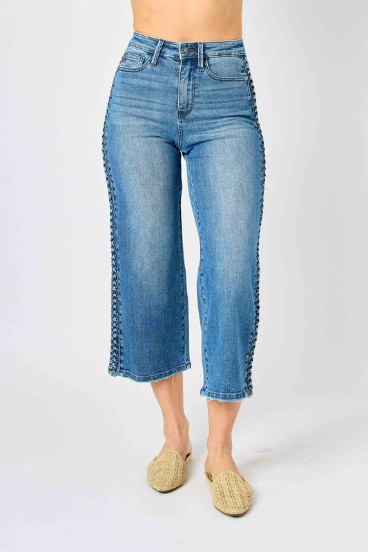 High Waist Side Braid Detail Crop Wide Leg Denim - Medium