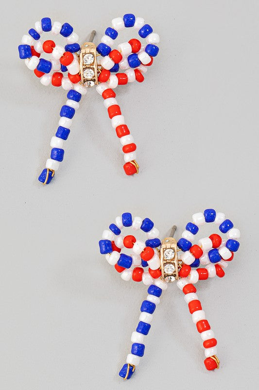 Patriotic Seed Bead Bow Stud Earring-RWB