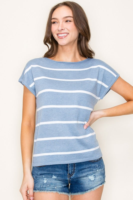 Striped Short Sleeve Crew Neck Sweater