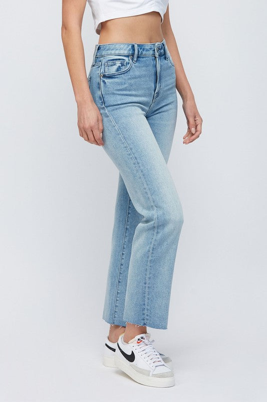 High Rise Cropped Straight Cut Hem Denim - Medium Wash