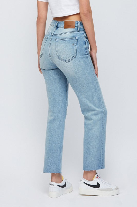 High Rise Cropped Straight Cut Hem Denim - Medium Wash