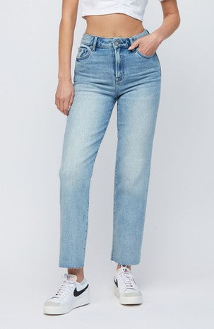 High Rise Cropped Straight Cut Hem Denim - Medium Wash