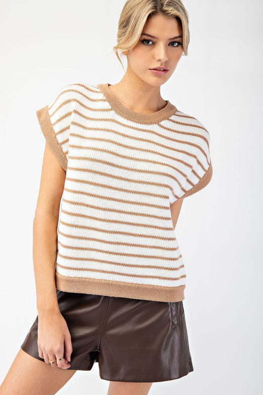 Striped Two Tone Cap Sleeve Sweater