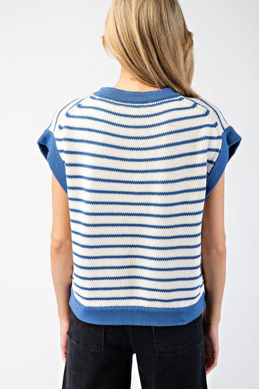 Striped Two Tone Cap Sleeve Sweater