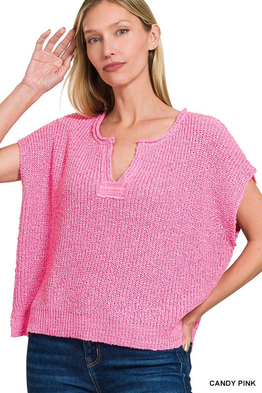 Short Sleeve Split Neck Patch Sweater-Pinks