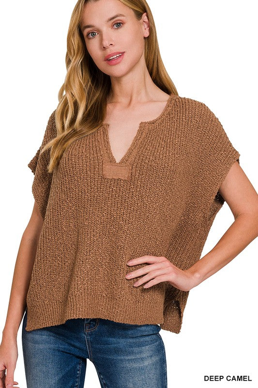 Short Sleeve Split Neck Patch Sweater