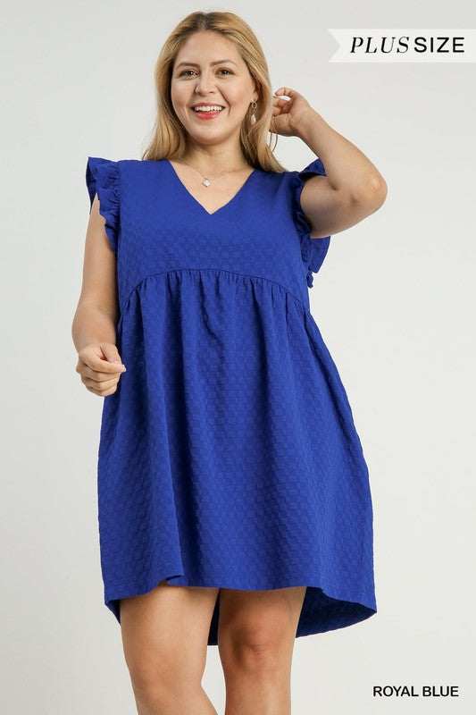 Solid Textured V-Neck Ruffle Sleeve Dress