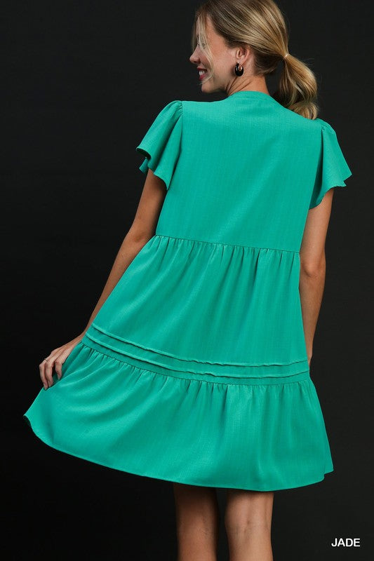 Solid Split Neck Flutter Sleeve Pintuck Hem Dress