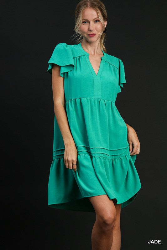 Solid Split Neck Flutter Sleeve Pintuck Hem Dress