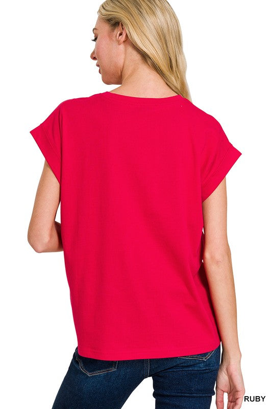 Solid Round Neck Folded Sleeve Top