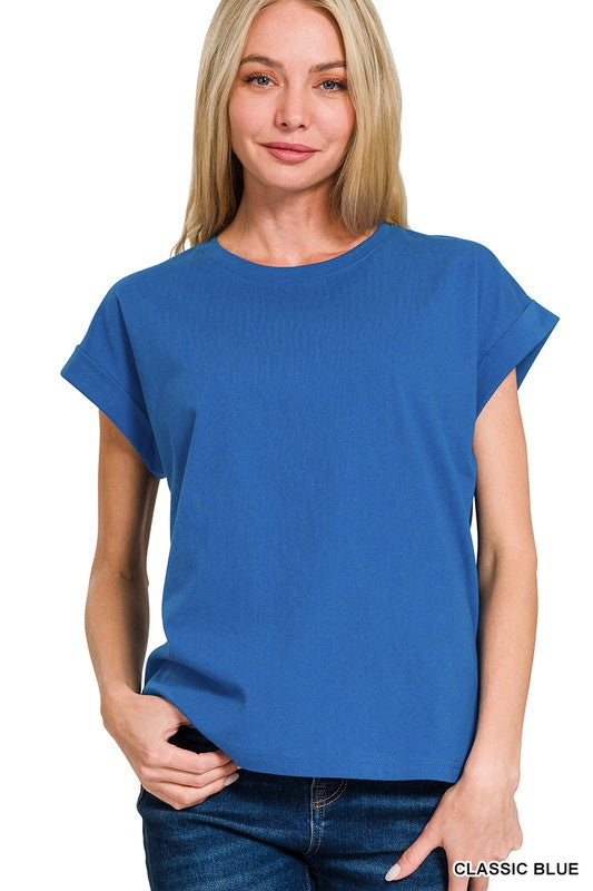 Solid Round Neck Folded Sleeve Top