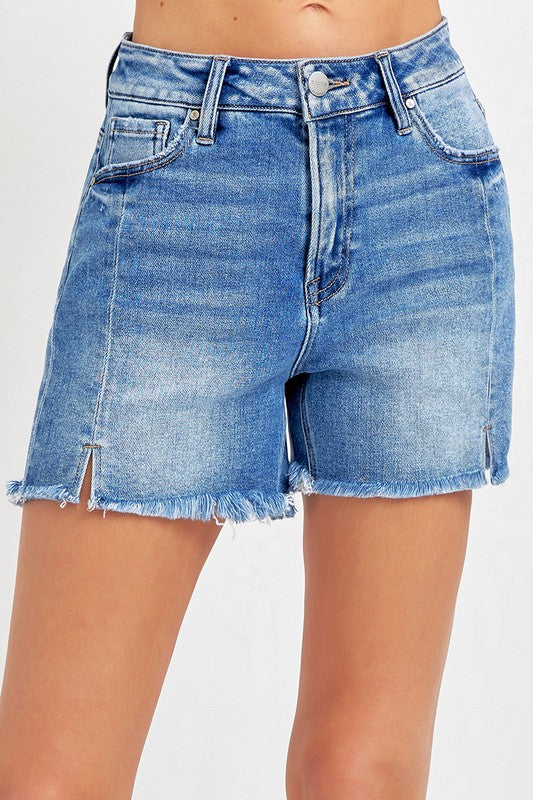 High Rise Front Seam Slit Shorts - Medium Wash