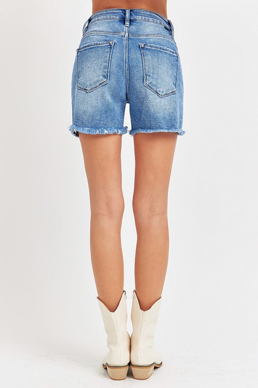 High Rise Front Seam Slit Shorts - Medium Wash