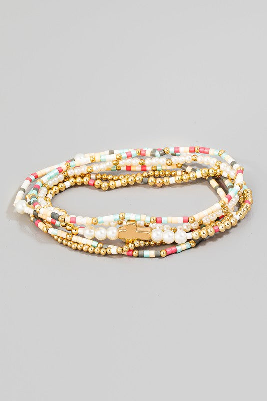 Multicolor Seed Bead & Pearl Cross Bracelet Set