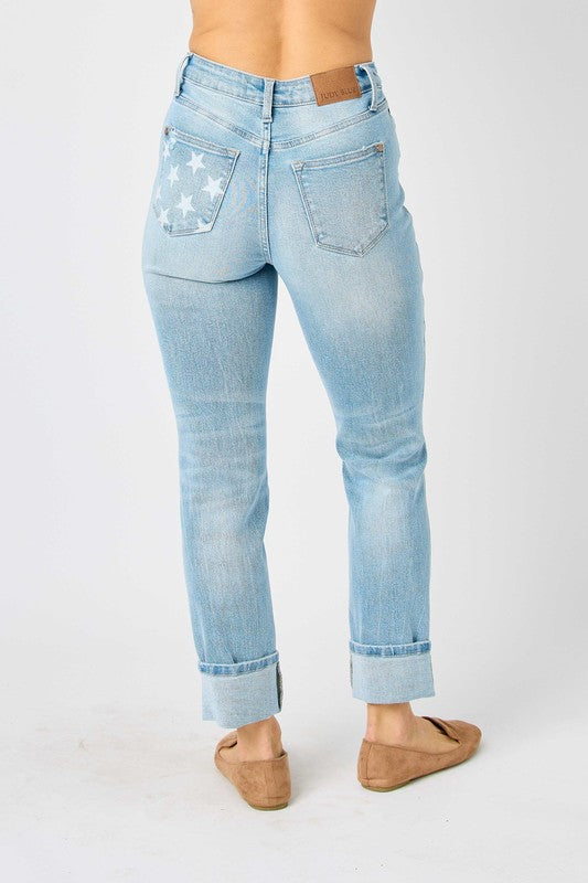 Boyfriend Mid Rise Star Pocket Cuffed Distressed Denim