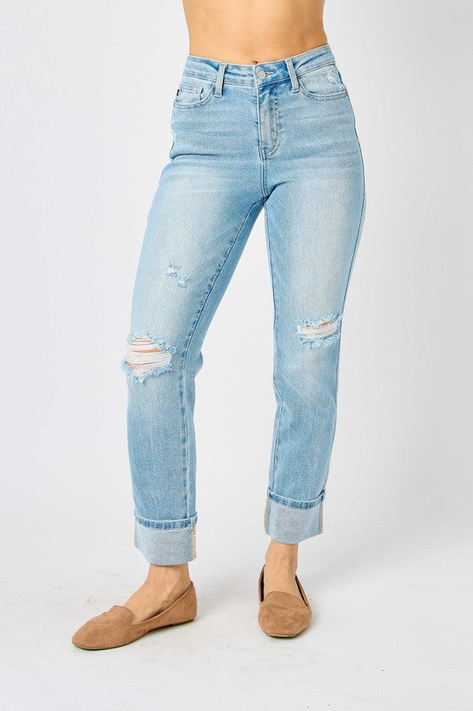 Boyfriend Mid Rise Star Pocket Cuffed Distressed Denim