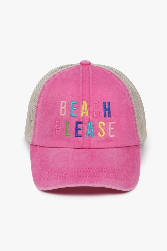 Beach Please Hat w/Multi Color Embroidery-Hot Pink