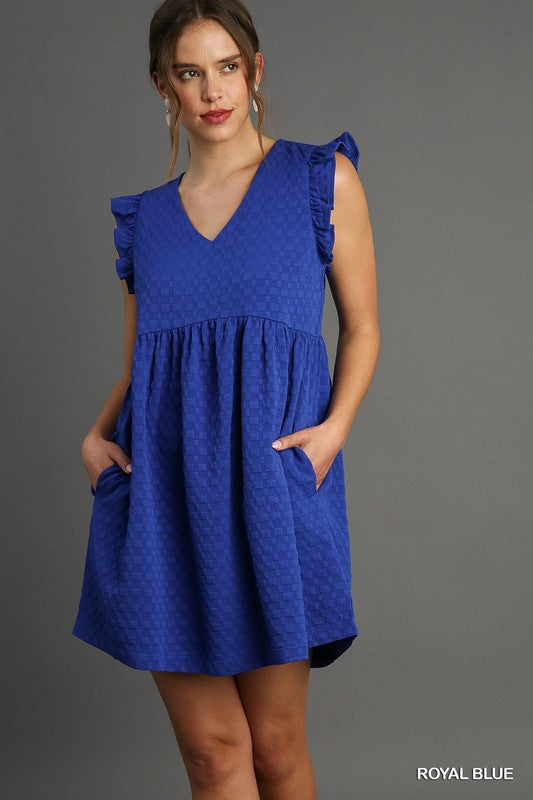 Solid Textured V-Neck Ruffle Sleeve Dress