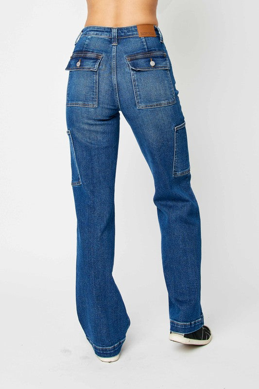 High Waist Cargo Pocket Wide Denim - Dark