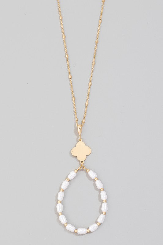 Clover Pearl Teardrop Long Necklace