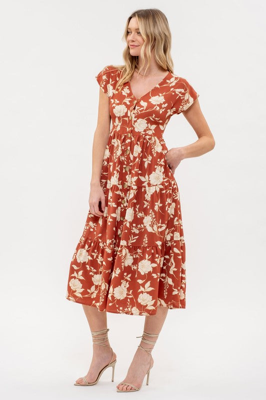 Floral Button Down Tiered Midi Dress-Terracotta