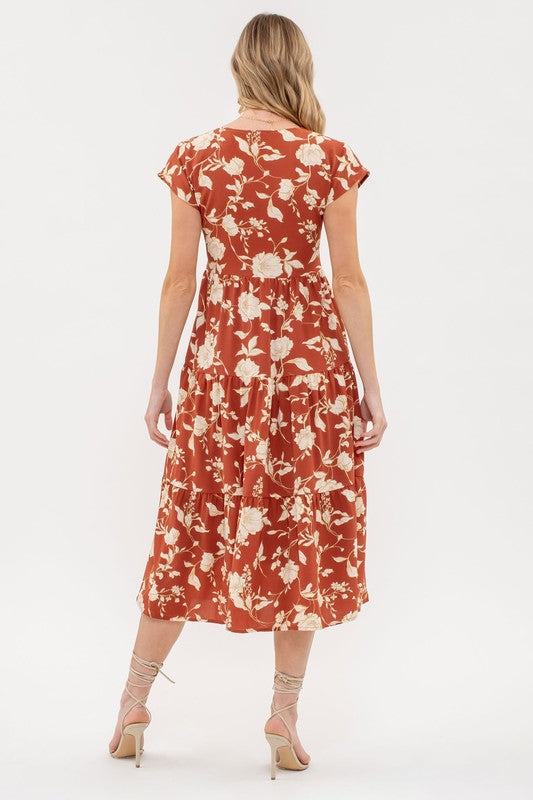 Floral Button Down Tiered Midi Dress-Terracotta