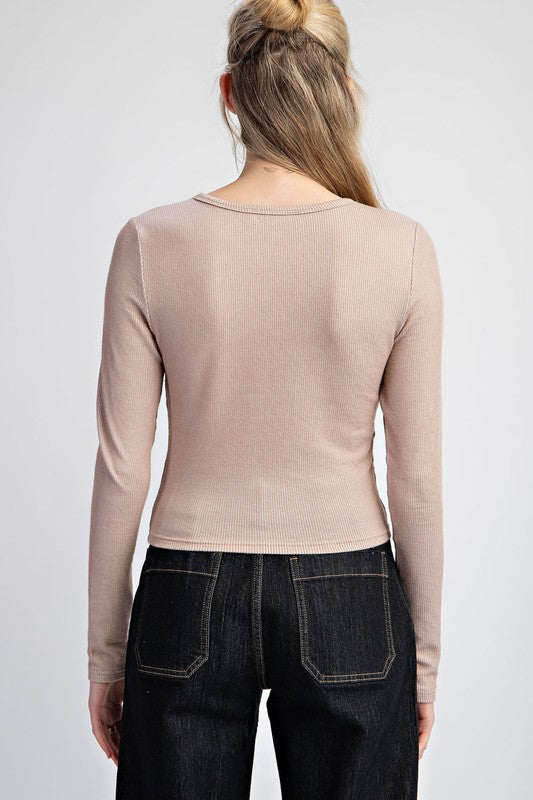 Ruffled Ribbed Bow Long Sleeve Crop Top-Mushroom