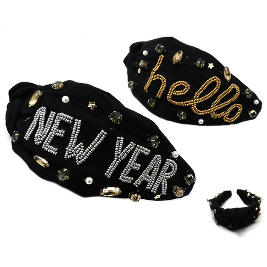 Seed Bead Hello New Year Headband- Black