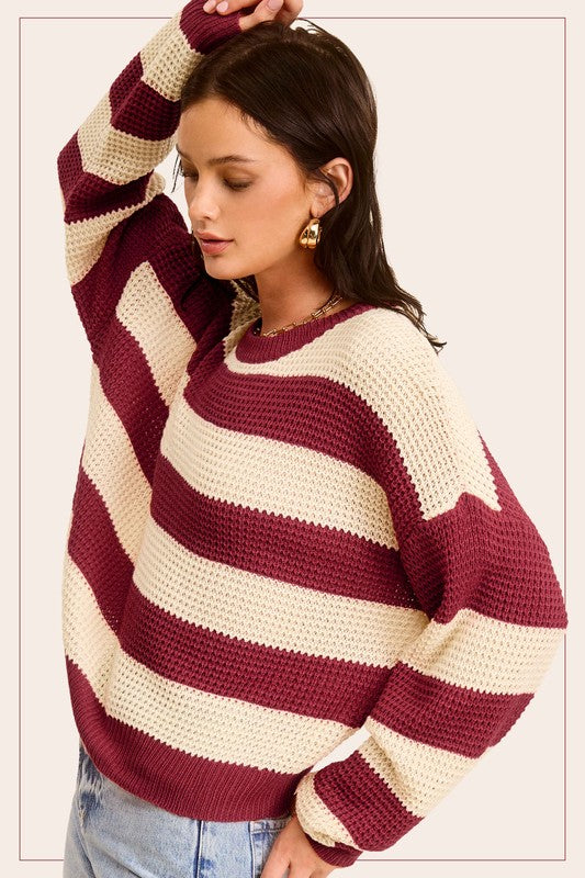 Striped Waffle Weave Round Neck Sweater-Red Bean