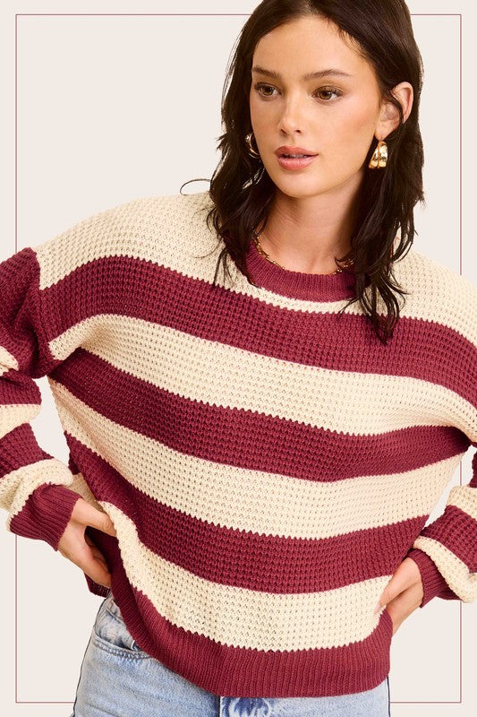 Striped Waffle Weave Round Neck Sweater-Red Bean