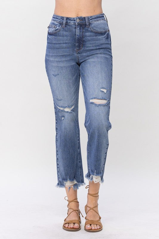 High Rise Destroy Cropped Straight Denim