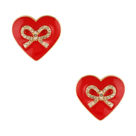 Epoxy Heart W/ Bow Stud Earring- Red