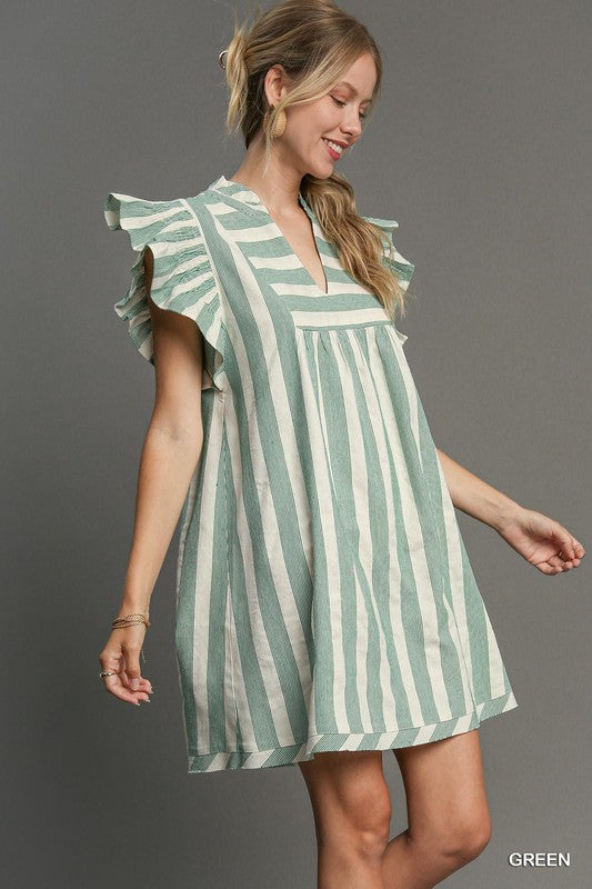 Striped V-Neck Flutter Smocked Sleeve Dress - Green