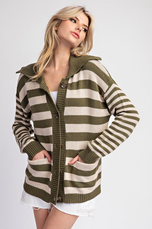 Striped Sailor Collar Cardigan - Moss