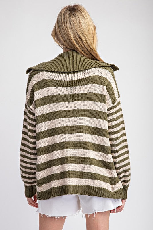 Striped Sailor Collar Cardigan - Moss